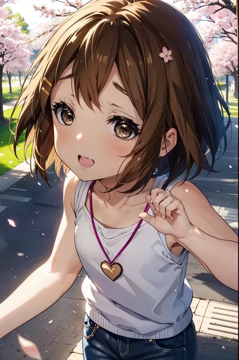 yuihirasawa, Yui Hirasawa, short hair, brown hair, hair ornaments, (Brown eyes:1.5), happy smile, smile, Open your mouth,Hair Clip,Long-legged vest,Tank top shirt,Bare arms,Bare neck,Heart Necklace,skinny pants,Stiletto heels,Cherry blossoms are blooming,C...