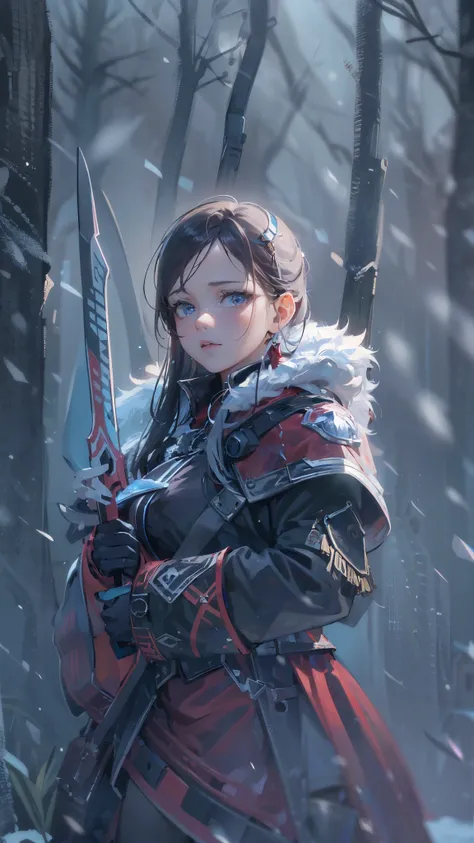 (best quality,4k,highres),(realistic,physically-based rendering),a girl,armor:simple,winter,fur,holding a sword,serious expression,vivid colors,portrait,sharp focus,studio lighting,detail of the eyes,metal texture,cold environment,forest background,falling...