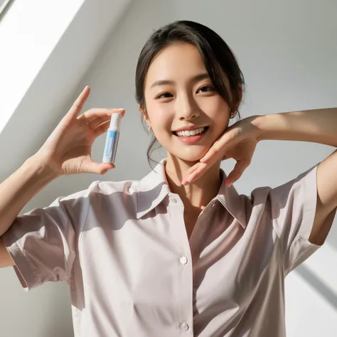 A chic and modern portrait of a 20-year-old Japanese woman smiling playfully, holding a portable handy mini size clear stick bottle of mouth spray in her hand. She is dressed in a stylish, light-pink shirt, with her hair styled elegantly. The background is...