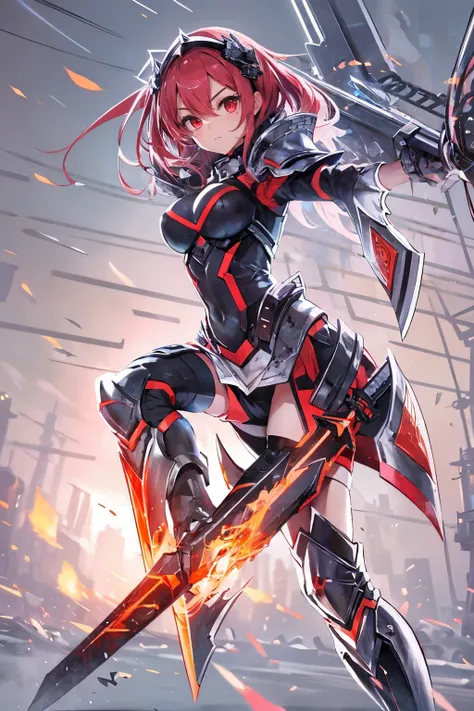 1girl, hight-quality, black armor, sword, fire, red eyes