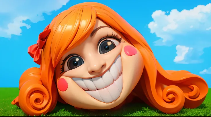 A cartoon girl with red hair and a big smile is lying on the grass with a blue sky in the background. The image depicts a 3D character of a girl dressed in multicolored jester attire. She has a large red bow on her head, and her eyes are wide with surprise...