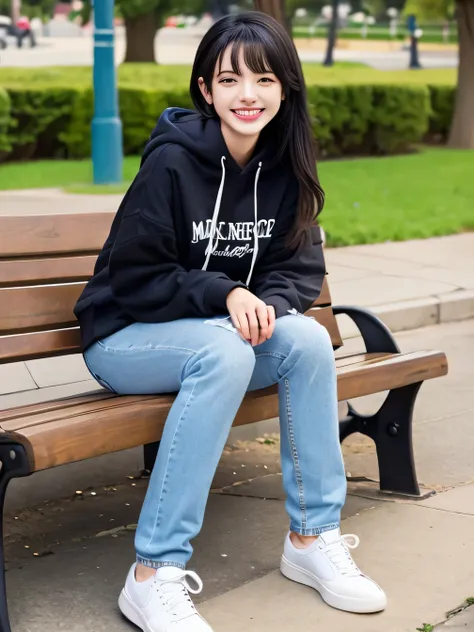 highest quality)), ((masterpiece)), (Get used to it), Perfect Face、((highest quality)), A neat and beautiful woman sitting on a park bench、hoodie、Skinny jeans、sneakers、Black Hair、smile showing teeth、Full body photo、Ear piercing