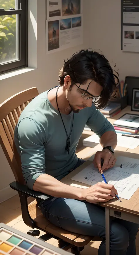 A focused man, wearing a crisp shirt and jeans, is intently working at his desk in a vibrant design studio. Surrounded by a rainbow of colored pencils, brushes, and sketchpads, his creativity is evident in the unfinished designs scattered across his worksp...