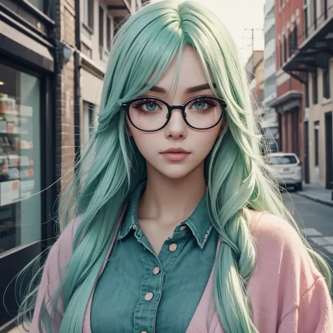 She has long mint green hair, pink eyes and wears glasses.