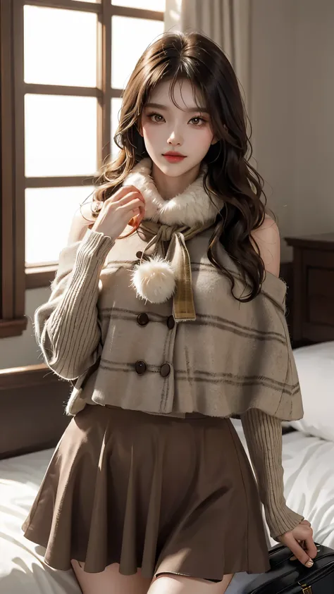 cyb skirt, long sleeves, capelet, wool ball scarf, scarf,, ((Yushuxin,1 Girl,Solitary)), Warm colors, Atmosphere, 4K, masterpiece, high resolution, ridiculous, Bare shoulders, Sexy long legs, on the bed, Strike a pose, brown wavy hair, lust, eyes, Shy, Pur...