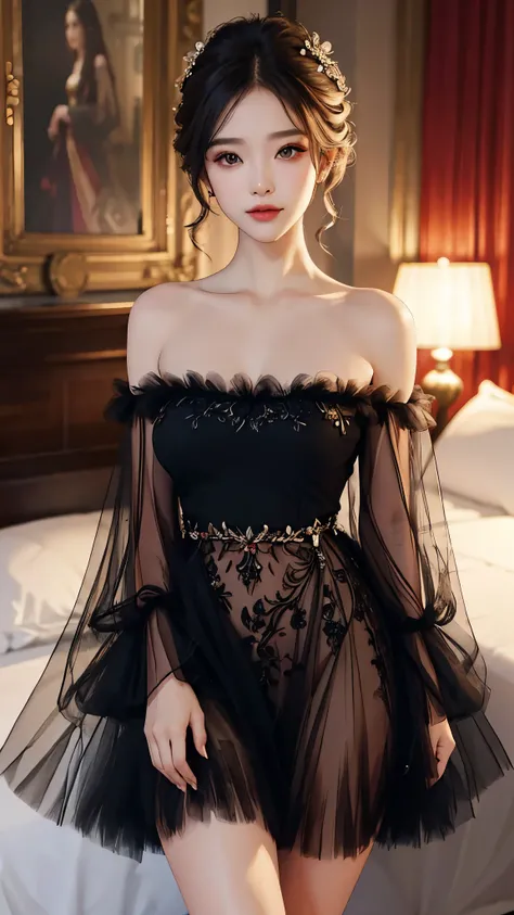 sh33rfl0r4l, long sleeves, black dress, off shoulder, bare shoulders, long dress, see-through, tulle dress, ((Yushuxin,1 Girl,Solitary)), Warm colors, Atmosphere, 4K, masterpiece, high resolution, ridiculous, Bare shoulders, Sexy long legs, on the bed, Str...