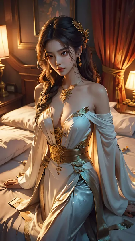 weapon,cleavage,(magic circle:1.1),xiuxian, ((Yushuxin,1 Girl,Solitary)), Warm colors, Atmosphere, 4K, masterpiece, high resolution, ridiculous, Bare shoulders, Sexy long legs, on the bed, Strike a pose, brown wavy hair, lust, eyes, Shy, Pure Desire, Tempt...