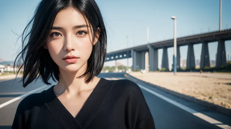 , blown by the long wind [Blue-black:.3] hair,looking at the viewer, (masterpiece:1.3), (8K, realistic, Raw photo, highest quality: 1.4), Japanese, (1 girl), beautiful face, (realistic face), (black hair, short hair:1.3), beautiful hairstyle, realistic eye...