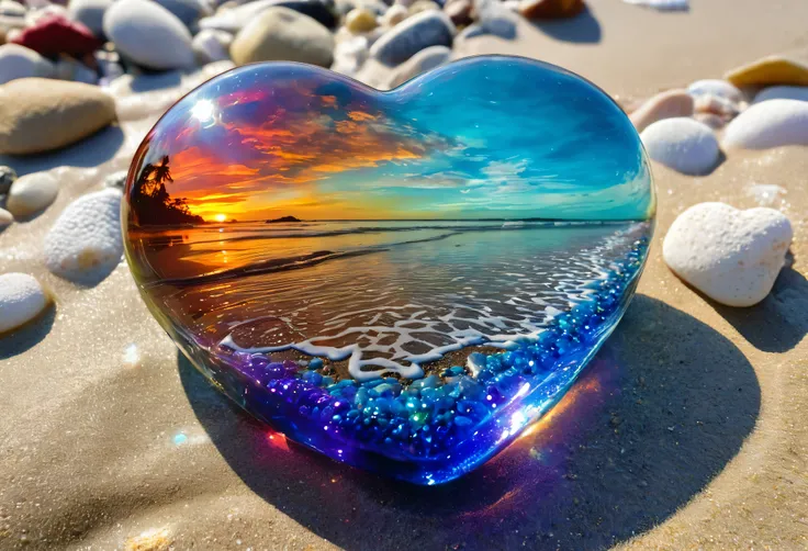 Close-up of a heart-shaped glass object on the beach, The most beautiful images ever made, Magic Heart, Big beautiful land art, with Beautiful colors, heart stone, Great composition, Beautiful colors, multicolor glints, ❤🔥🍄🌪, Very beautiful, glass sculptur...