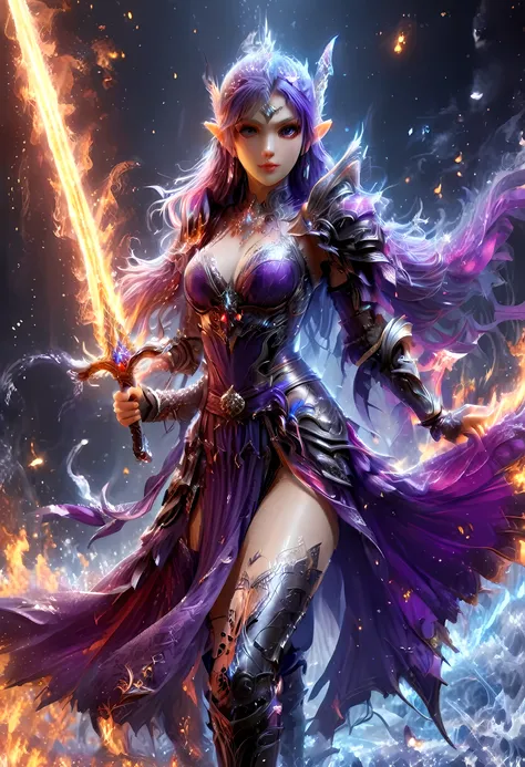 a picture of a female elf (intense details, Masterpiece, best quality: 1.5) fantasy swashbuckler, fantasy fencer, armed with a slim sword, shinning sword, metallic shine, colorful clothes, dynamic clothing, an ultra wide shot, full body (intense details, M...