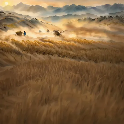 ink painting, ink painting,Chiba City, traditional chinese landscape painting, mountains in northern china, Rural areas in northern China, wheat harvesting, harvest, harvest is working in the farmland, terraced fields, agriculture, rural landscape, wheat, ...