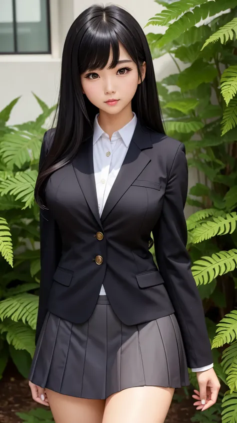 Detailed face、highlight、Beautiful thighs、Asian、girl、breast enhancement、bangs、Black Hair、Cosplay、Fern、skirt、blazer、