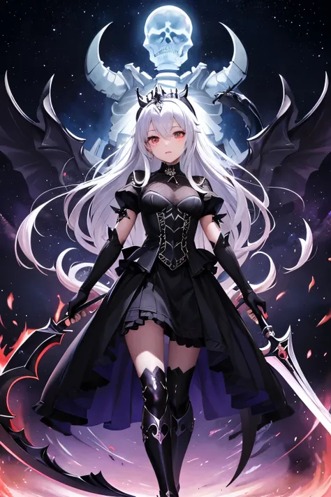 （（（highest quality、Masterpiece、Normal body、8k、Detailed face、Ultra-precision、Normal hand、Normal finger、５Finger、supreme）））Golden and silver hair、Princess、Twilight Dress、White and black skirt、Shiny Tiara、night armor、metal boots、death scythe、Fantasy scythe、dis...