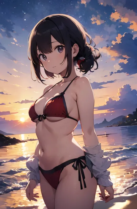 Japanese anime style,A young girl stands on a deserted white sand beach, Red Bikini、Red Bikiniを着ている,Beautiful sunset in the background, Sky and sea dyed by sunset、The girl has a relaxed look, Capture the calm and tranquil atmosphere of a beach evening、Beau...