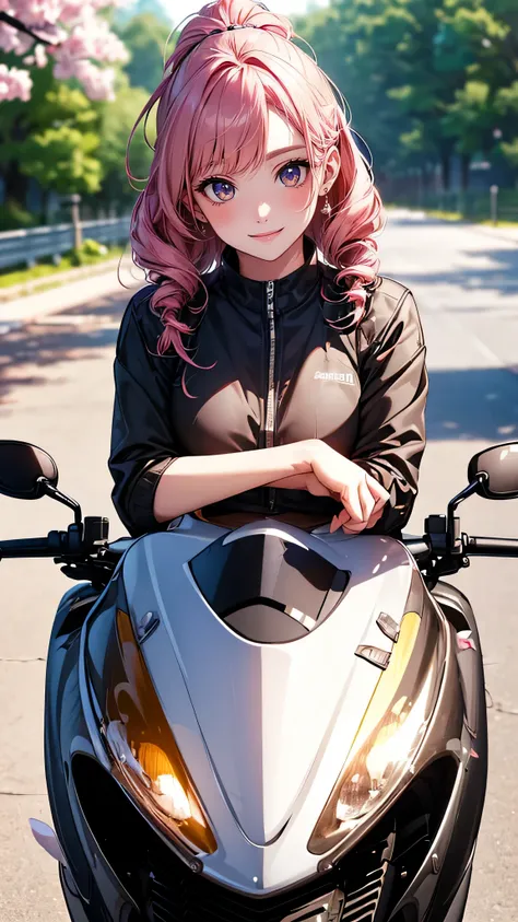 (girl riding a motorcycle:1.2),a park where cherry blossoms dance,high school girl,(random cute pose),(random hairstyle),(highes...