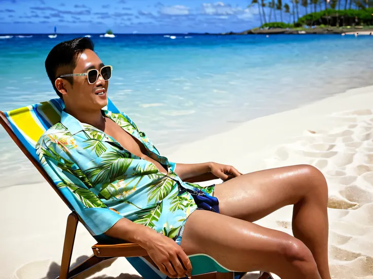 RAW, 1man, asian, On Waikiki Beach in Hawaii, a man wearing sunglasses, an Aloha shirt, and swim trunks is leisurely enjoying a cocktail. Seated deeply in a beach chair, he listens to the sound of the waves while basking in the sun. The background features...