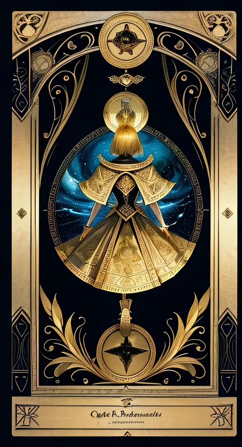 High quality picture, ultra high resolutions, masterpiece, A tarot deck design front an back, gold boarded, XIX card, decorative boarder