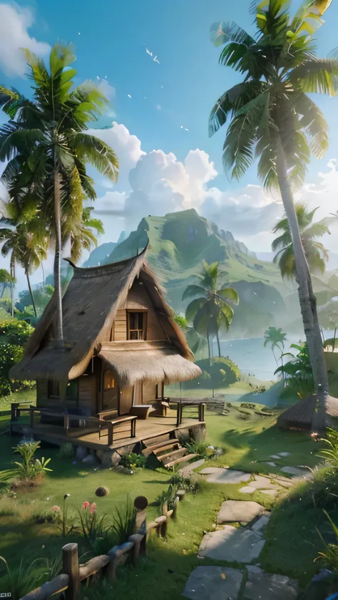 there is a small hut with a thatched roof on a grassy hill, beautiful render of a landscape, villages ， unreal engine, 4k highly...