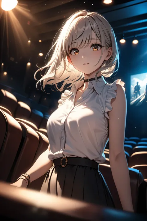 highest quality, Ultra-high resolution, One girl, Sleeveless white button-up shirt, Black Skirt, Black Choker, cute,(Platinum Blonde Hair:1), ((Puffy eyes)), View your viewers(Depth of Field HDR 8K 4K Wallpaper Cinematic Angle, Cinema Lighting,:1.5) (maste...