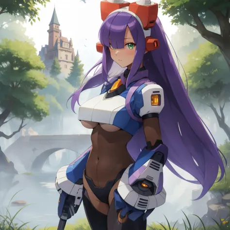 layer_megamanx, 1girl, solo, long hair, purple hair, green eyes, blunt bangs, hair over eyes, large breasts, dark skin, dark-skinned female, android, underboob, robot ears, high quality, masterpiece, standing next to a swamp and castle surrounded by mist, ...