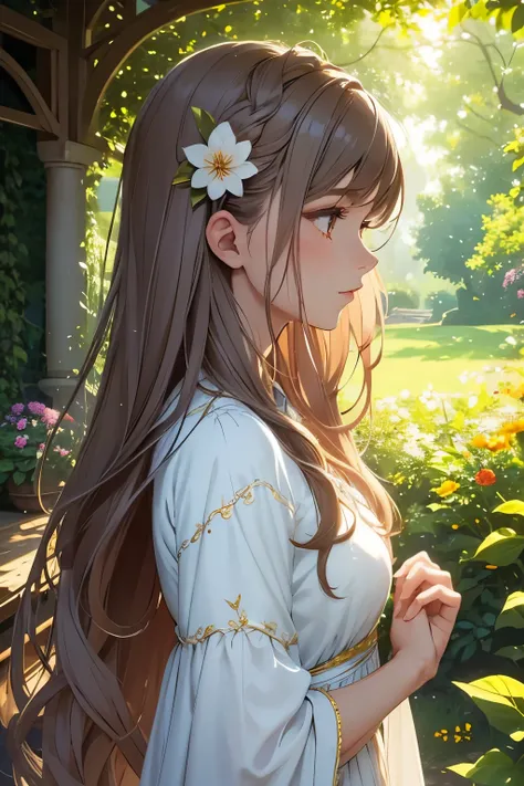 ,girl,side view,side view profile,detailed eyes,detailed lips,garden background,vibrant colors,soft lighting,ethereal mood,flowers in her hair,flowing dress,gentle breeze,peaceful atmosphere,natural beauty,long flowing hair,dainty fingers,subtle smile,sunl...