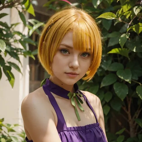 yellow haired girl short hair with a green leaf ribbon and purple eyes and orange clothes