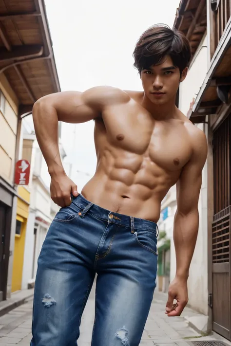 muste piece、highest quality、An illustration、Super fine、Fine、High resolution、8k wallpaper、perfect dynamic composition、(((Full body Esbian)))、((from below))、20 year old handsome Korean man、detailed beautiful face、Detailed and cute eyes、fine-masculine face, p...