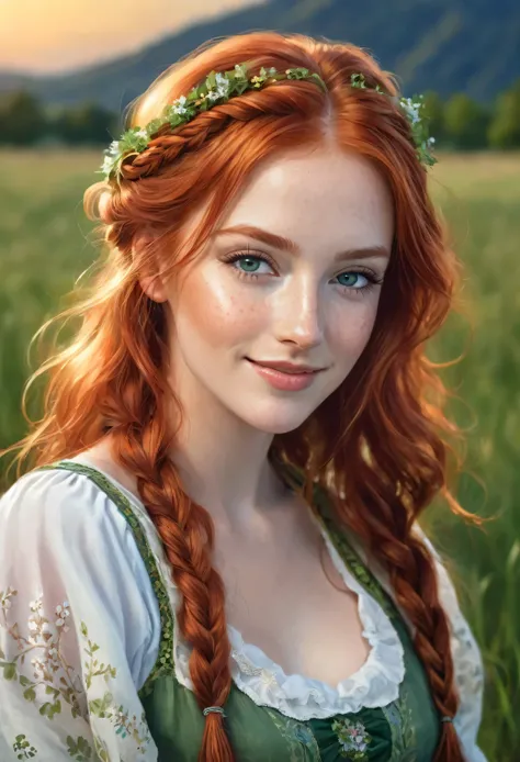 portrait of a red haired woman in the evening in the field, reflections, dark light, Red hair, loose in the wind, freckles on her face that highlight her beauty, soft green eyes, in full color, beautiful face very detailed, freedom, soul, digital illustrat...