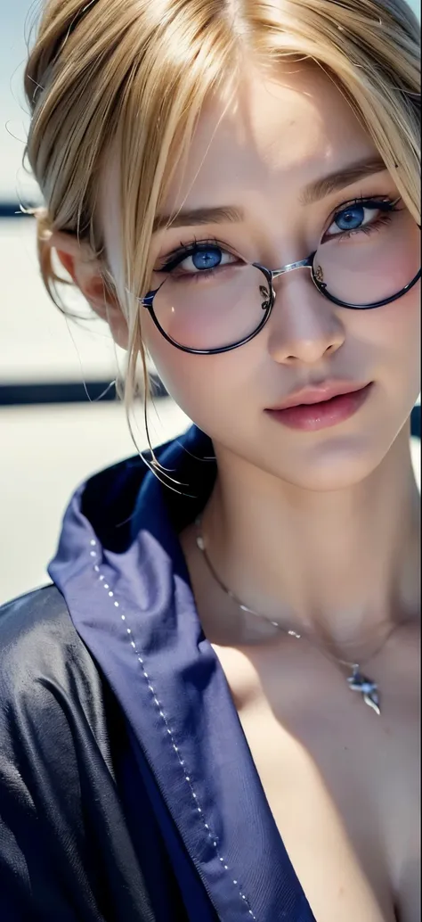 stylish glasses、kimono、kimono、blue eyes、blonde、tattoos all over the body、sexy face、sex pose、short hair、more than one person、((3人...