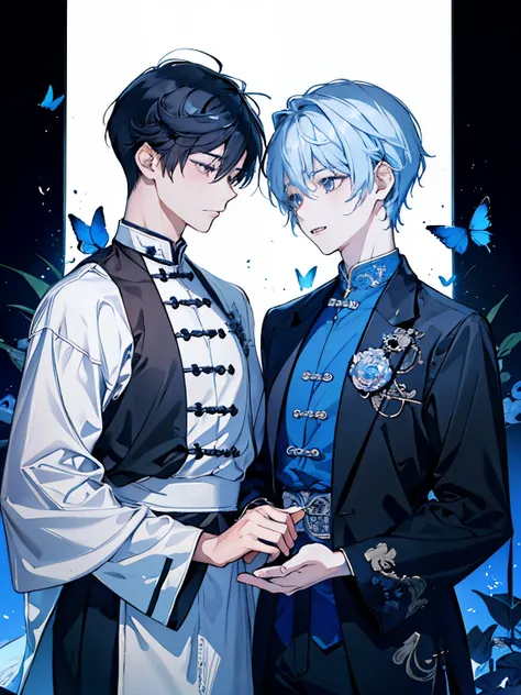 ((Two boys around 16 years old)),(古代中国風のgod官のような赤と白と黒の衣装),((A blue-silver butterfly that shines like crystal々)),(Long black hair),Hair tied to one side,smile,A fantastic atmosphere,(god々Shii),((They are staring at each other))