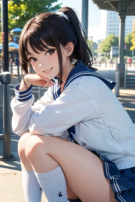 highest quality、High resolution、Detailed Background、Teenage Girl、brown hair、Braided Ponytail、Perfect body line、Calm atmosphere、Elegant and cute、Feminine atmosphere、cute gesture、A big smile、Happy expression、
((Sheer sailor suit、light blue sailor color、Check...