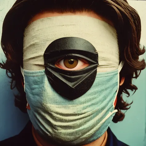 80s photograph, portrait, closeup, analogue photo of a handsome man with a creepy mask, masterpiece, eye level, kodak funsaver, ...