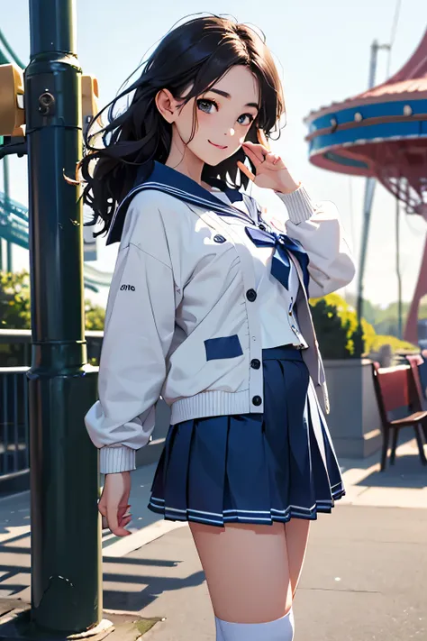 highest quality、High resolution、Detailed Background、Teenage Girl、Black Hair、Sexy wavy hairstyle、Perfect body line、Calm atmosphere、Elegant and cute、well-groomed eyebrows、Feminine atmosphere、cute gesture、A big smile、Happy expression、
((Sheer sailor suit、ligh...