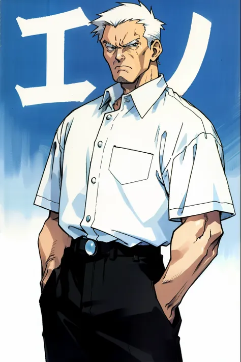 by Ken Sugimori, sugimori 1990s, ((only 1man)), older man, buff, white shirt, muscular, scowling ((hands behind their back)), full black pupils, manga, best quality, highly detailed, clean lines, cowboy shot, good hands, good eyes, hd, 8k, professional, sy...