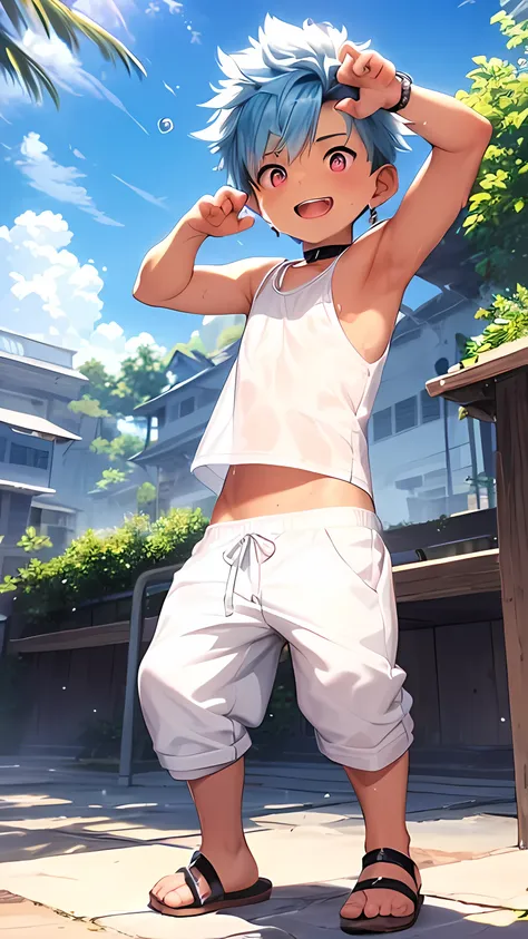 (shota:1.5), (baggy white tank top:1.5), (white bikini pants:1.5), (small penis), (claw pose:1.3), wind blowing, (((best quality...