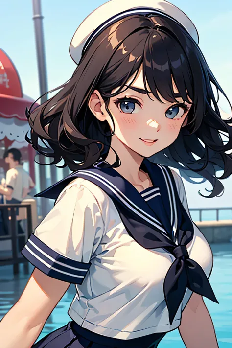 highest quality、High resolution、Detailed Background、Teenage Girl、Black Hair、Sexy wavy hairstyle、Perfect body line、Calm atmosphere、Elegant and cute、well-groomed eyebrows、Feminine atmosphere、Cute gestures、A big smile、Happy expression、
Sheer sailor suit、light...