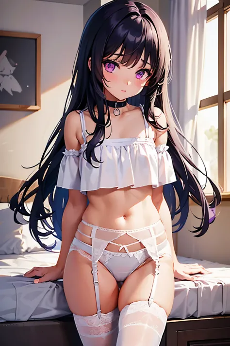 Girl&#39;s Room　8 years old, elementary school girl, flat chest, black hair, long hair, purple eyes, 1 person, white short-sleeved T-shirt on upper body　White panties on lower body　White garter belt　White knee-high socks　 ((White panties are visible)) 　Sta...