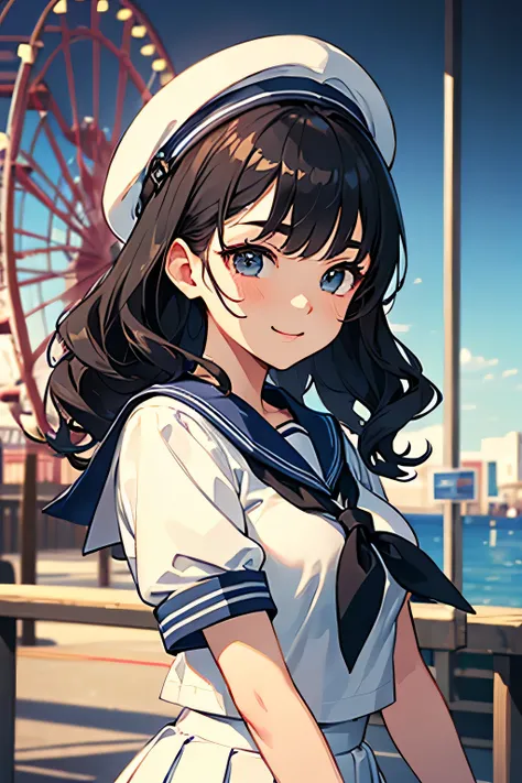 highest quality、High resolution、Detailed Background、Teenage Girl、Black Hair、Sexy wavy hairstyle、Perfect body line、Calm atmosphere、Elegant and cute、well-groomed eyebrows、Feminine atmosphere、Cute gestures、A big smile、Happy expression、
Sheer sailor suit、light...