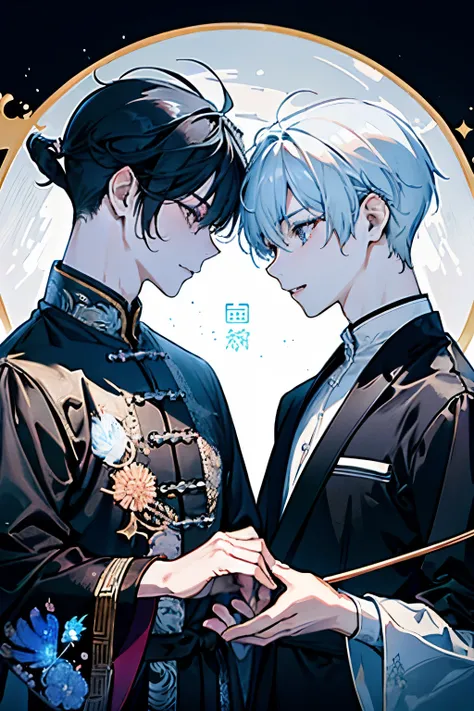 ((Two boys around 16 years old)),(古代中国風のgod官のような赤と白の衣装),((A dragon shining like crystal as it rises into the sky)),((Long black hair:1.35)),Hair tied to one side,smile,A fantastic atmosphere,(god々Shii),((They are staring at each other))