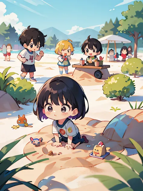 akira toriyama style, Kawaii Design, (((many people)))、most beautiful girl ever、Chibi, Colorful bob hair、((Lots of friends))、Playing in the sand together、kindergarten