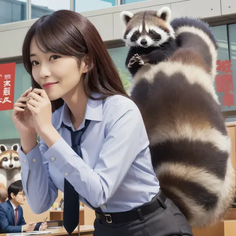 A woman wearing a business suit with a raccoon tail, Red Panda in Propaganda Poster, anthropomorphic raccoon, by Oze Kanaoka, by Kanō Naizen, by Kamisaka Sekka, Japanese illustrator, by Okada Beisanjin, raccoon, by Junsaku Koizumi, photograph, highest qual...