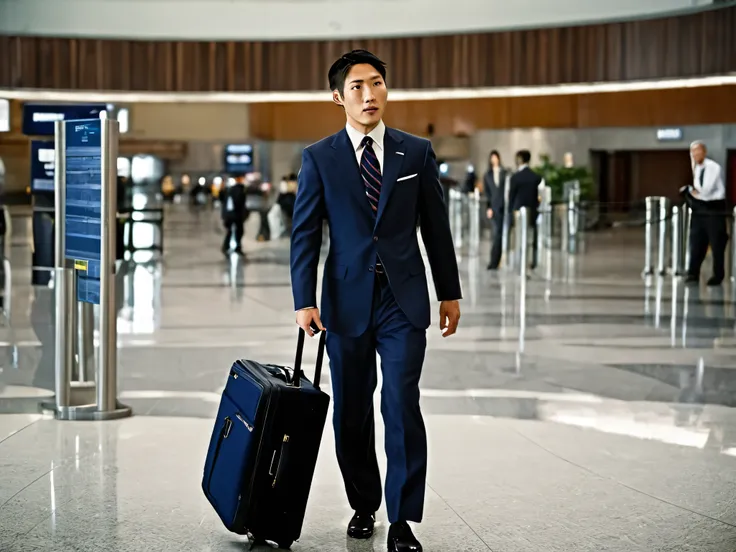 RAW, 1man, navy color suit, asian, In the airport lobby, a businessman is rolling his suitcase as he moves through the area. Dressed in a suit and tie, he appears to be well-prepared for his business trip. Periodic flight announcements echo in the backgrou...