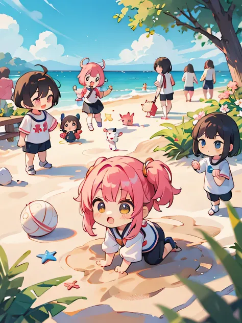 Momoko Sakura style, Kawaii Design, (((many people)))、most beautiful girl ever、Chibi, Colorful bob hair、((Lots of friends))、Playing in the sand together、kindergarten