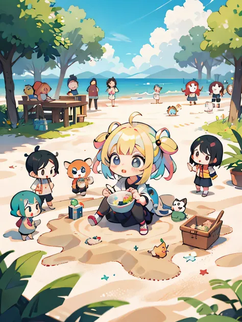 Takashi Murakami style, Kawaii Design, (((many people)))、most beautiful girl ever、Chibi, Colorful bob hair、((Lots of friends))、Playing in the sand together、kindergarten