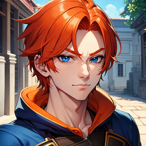 Create a male character with orange hair, blue eyes and fair skin, cute countenance.