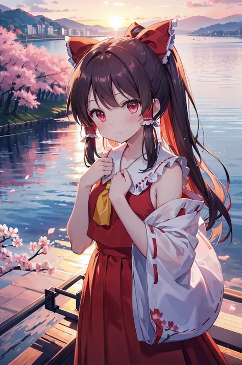 (Best image quality), Reimu Hakurei, Cherry Blossom, spring, sunset, hands back