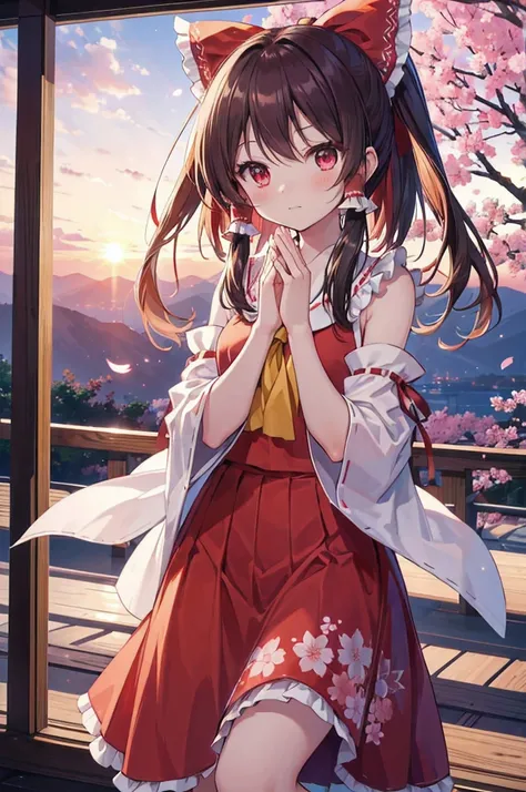 (Best image quality), Reimu Hakurei, Cherry Blossom, spring, sunset, hands back