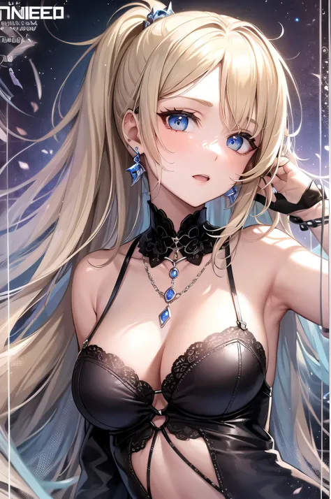 highest quality、Best image quality、masterpiece、With a girl((18-year-old、Wearing only white underwear、Bust 120、Blonde、Messy ponytail、blue eyes、Chain Accessories、Black wristband on wrist、,Slender)）highest quality,background((blue room))、From head to thighs