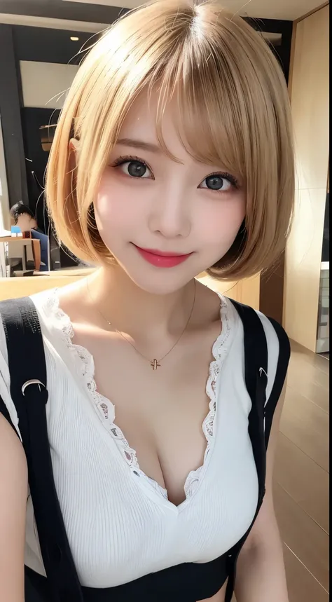 Tabletop、highest quality、An illustration、Super fine、Fine、High resolution、8k wallpaper、Perfect dynamic composition、Detailed and beautiful eyes、Summer women&#39;s fashion、Blonde Bob、Natural color lip small breasts、Sexy and bold pose、SMILE、Harajuku、 20 year o...