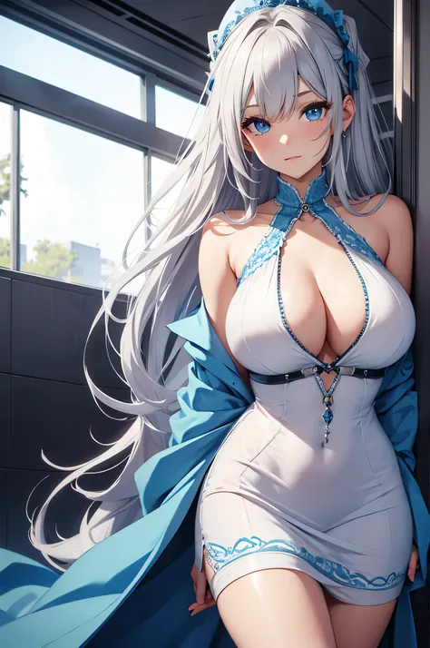 beautiful girl, Gray Hair, blue eyes, White Dress, Big Breasts,